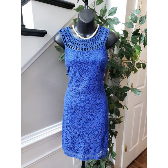 Jessica Howard Shift Dress Women's Size 8 Blue Lined Sleeveless Open Weave Lace - Picture 10 of 12